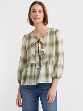 LOFT Green Plaid Bow Peplum Blouse
